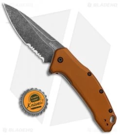 Kershaw Link Drop Point Knife Flat Dark Earth Aluminum (3.25" BlackWash Serr) -Outdoor Practical Tool Shop Kershaw Link Assisted SW Plain FDE Handle Serr 1776BRZBWST BHQ 85191 jr bottlecap